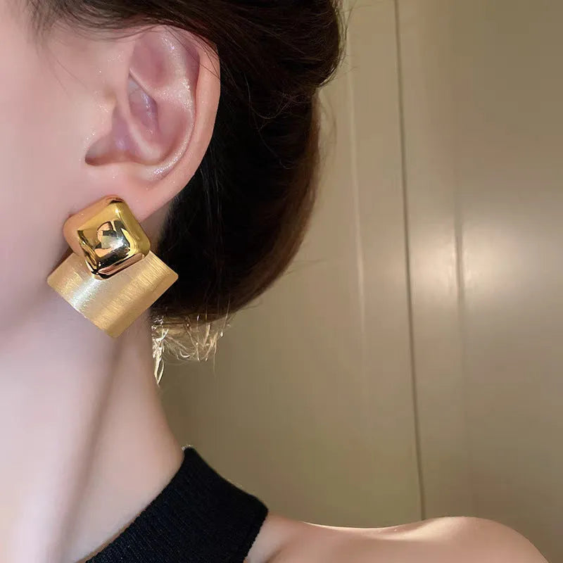 Gold brushed square stud earrings for women with alloy body and 925 silver needle, shown in 4.5cm and 3.5cm sizes
