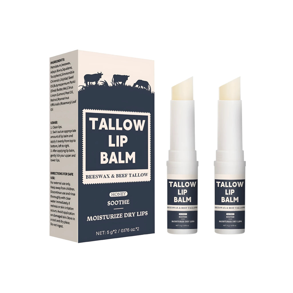 Two standard beef fat lip balm sticks presented as a set for dry lip care.