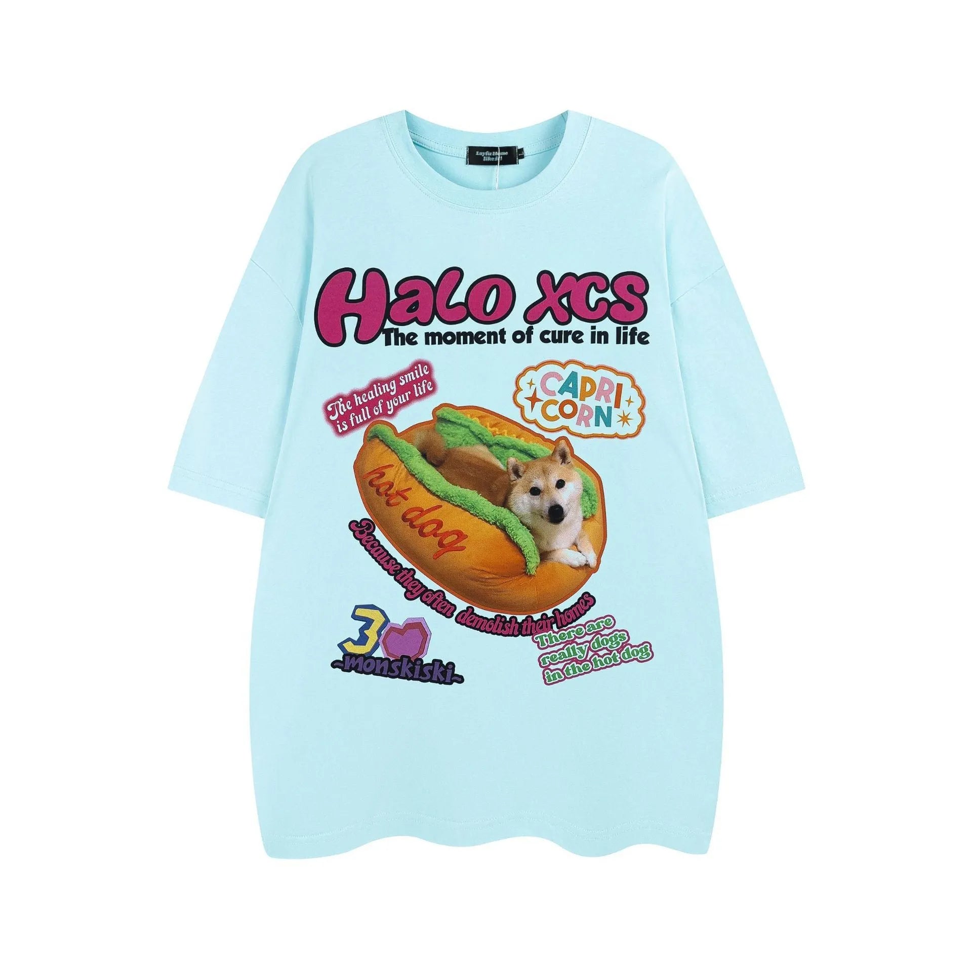 Cartoon hamburger dog printed cotton t-shirt in loose fit available in white, apricot, and sky blue colours