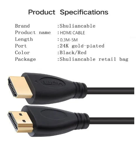 Gold-plated HDMI cable with male connectors at both ends, showing multiple length options