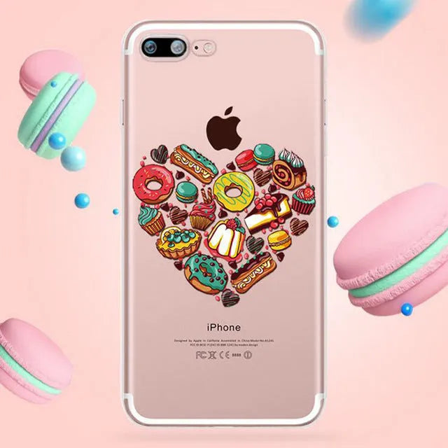 Transparent silicone phone case with ice cream pattern for iPhone, showing back and side view.