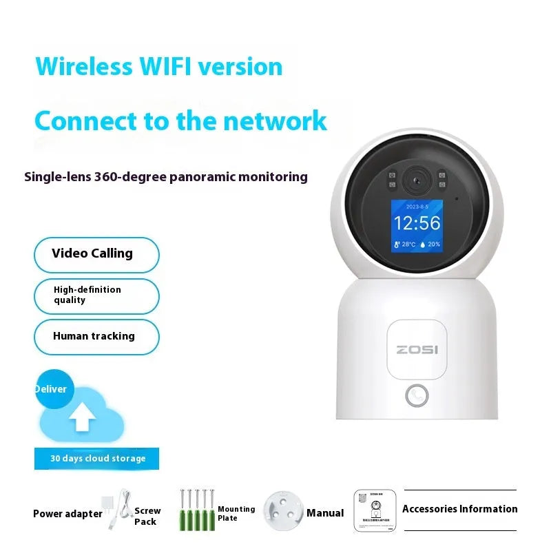 Zhou Shi white plastic indoor Wi-Fi security camera with lens, mounted on a screw-fixed bracket.