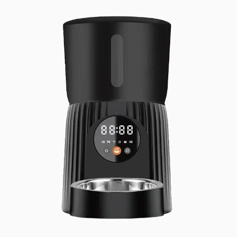 Black intelligent pet feeder with automatic timing and USB power connection for remote feeding