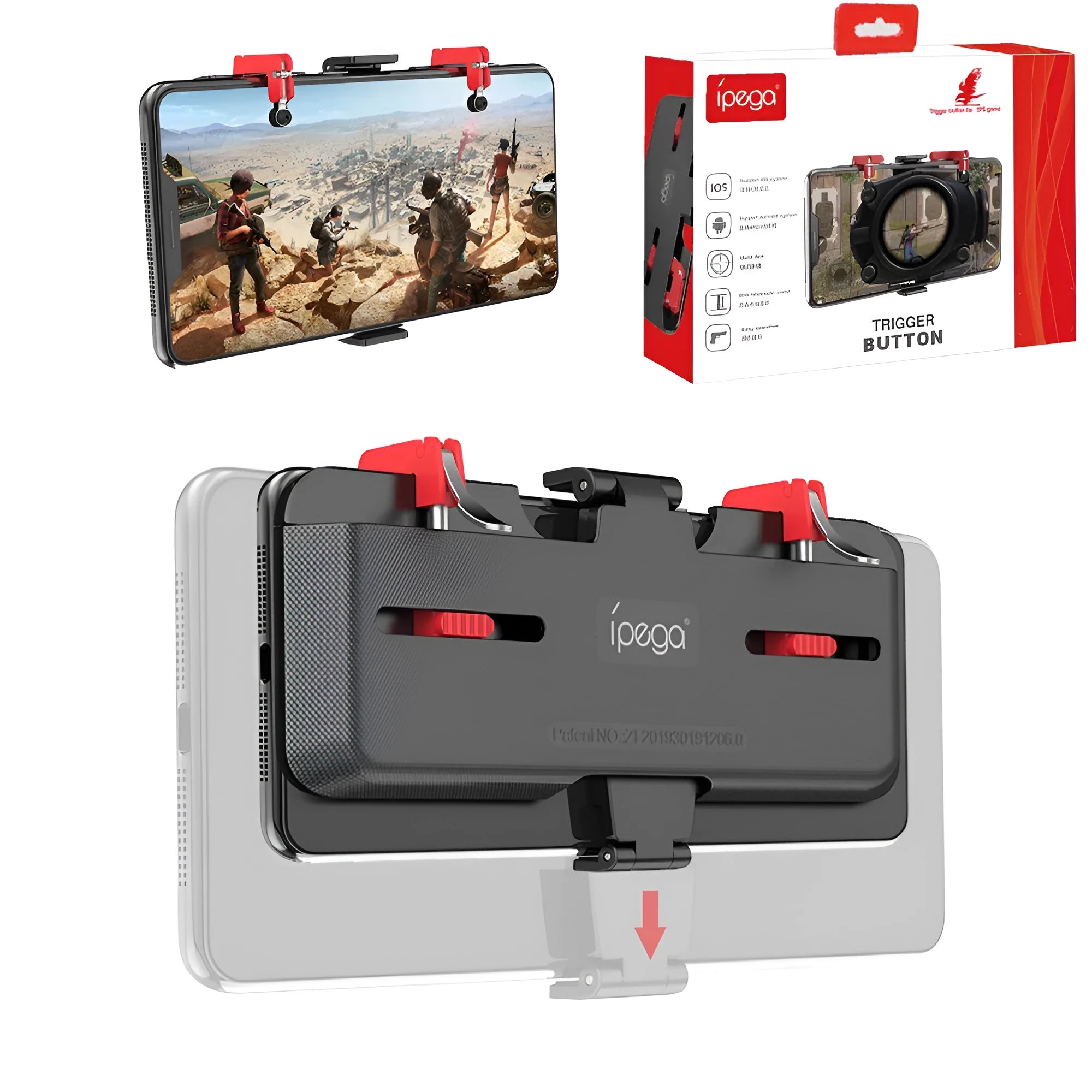 Black metal PG-9137 phone gaming bracket with adjustable trigger and telescopic clip for 67-87mm wide phones.
