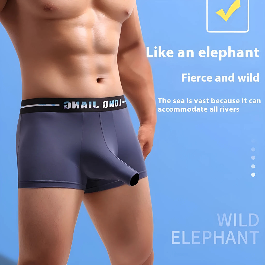 Men's ice silk trunk open boxer shorts on a white background, showing the mid-waist design.