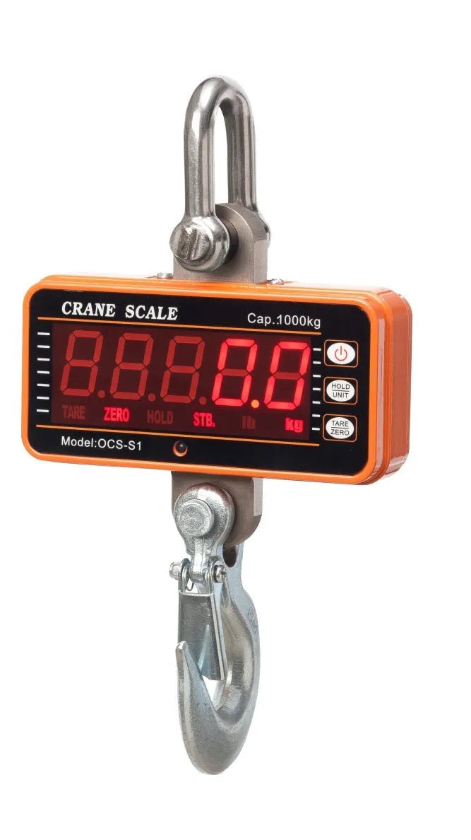 Orange electronic crane scale with digital display showing weight measurement up to 500kg capacity