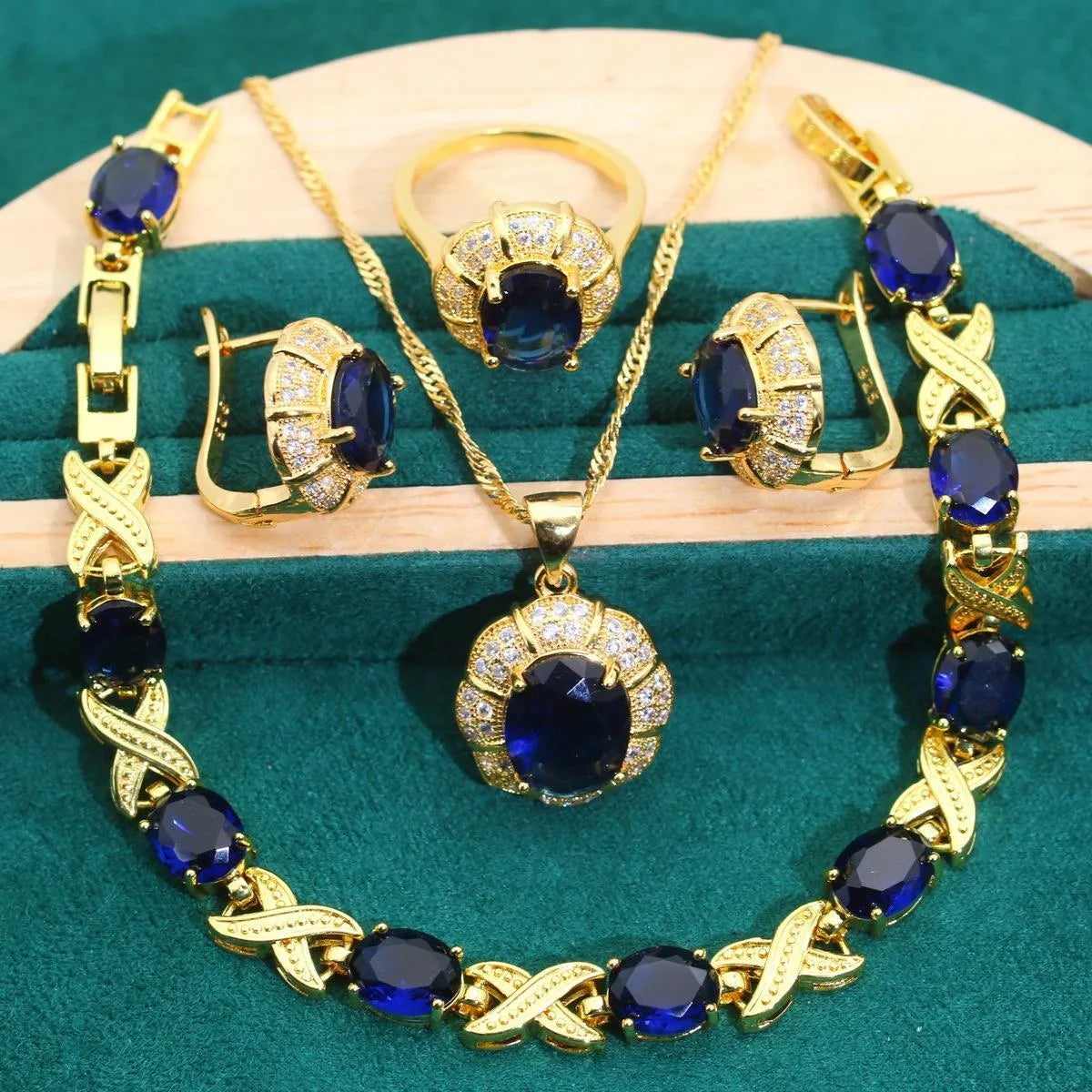 18k gold plated jewellery set with multi-colour cubic zirconia stones including necklace, earrings, ring, and bracelet