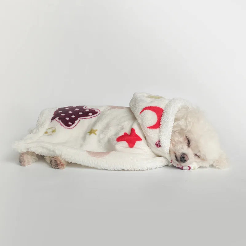 White coral fleece pet cloak pajamas with XINGX and Moon print, sizes M and L