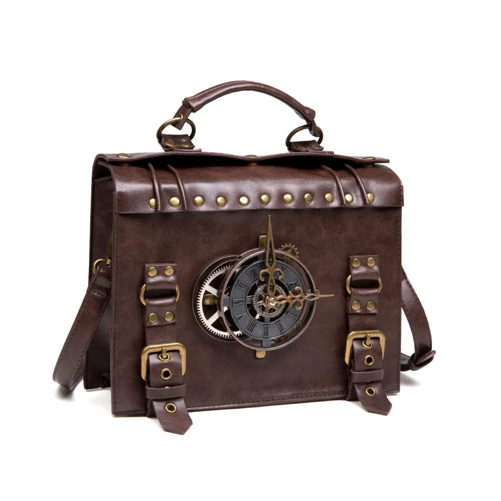 Bronze steampunk industrial retro style shoulder bag with pillow shape and metal hardware accents