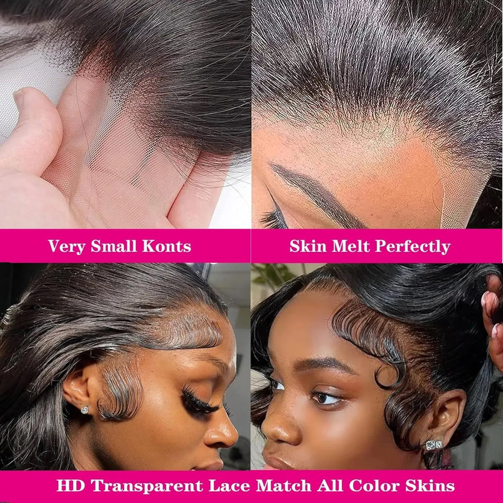 Black synthetic full-head wig with medium-long curly waves, shown on a model or wig stand.