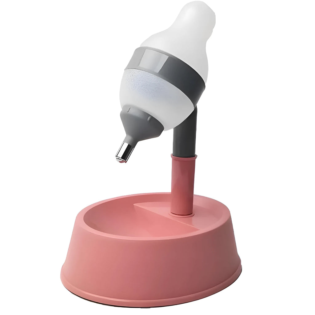 Green adjustable pet water dispenser with detachable pole and steel drinking nozzle on a grey floor.