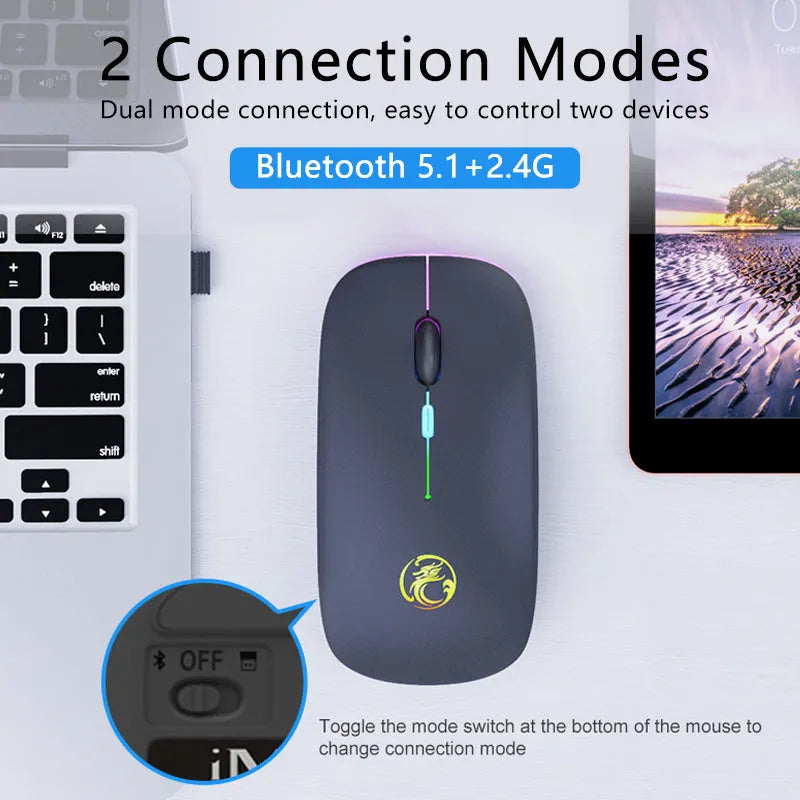 Luminous wireless silent mouse with dual-mode connectivity and rechargeable battery