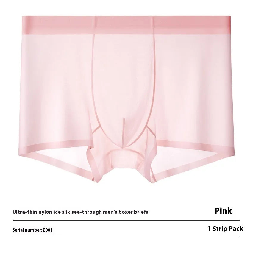 Men's solid colour ice silk seamless boxer briefs in white, shown flat.