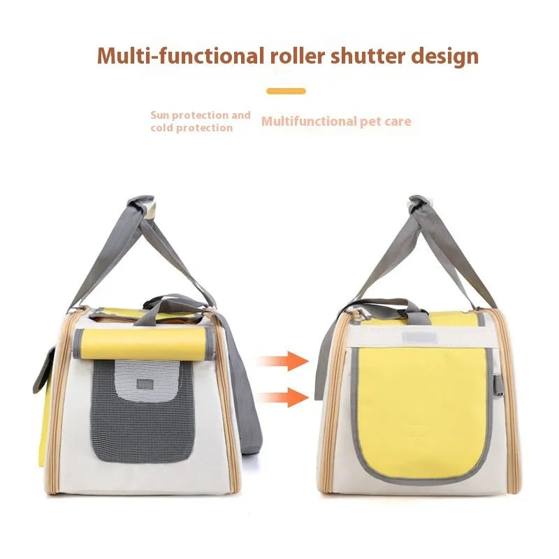 Foldable single shoulder pet carrier bag in canvas material shown in black, green and yellow colours