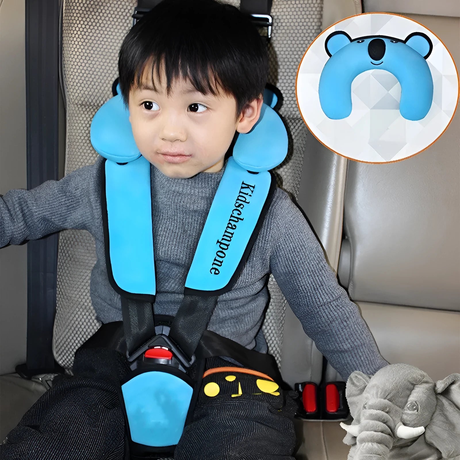 Portable child car booster seat with integrated safety belt in rose pink colour