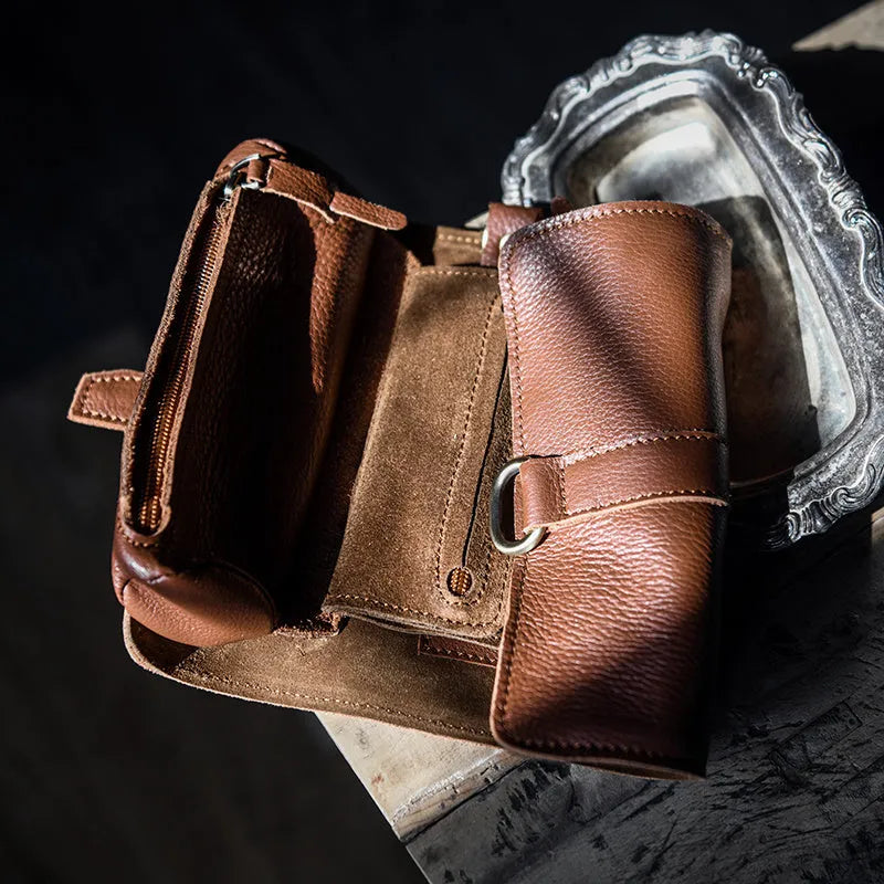 Handmade cow leather vintage bi-fold wallet with tape extraction closure