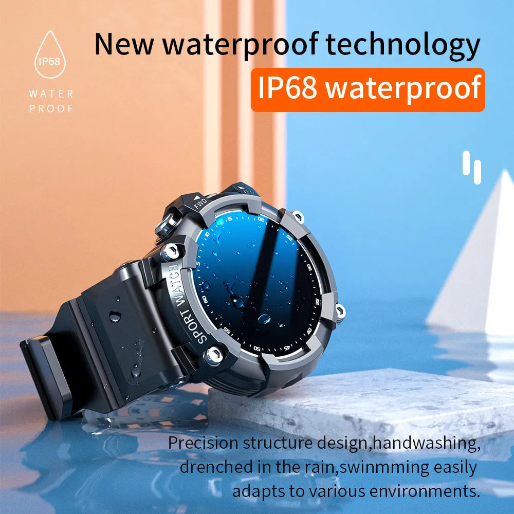 Black smart sports watch with round colour screen showing heart rate display on TPU strap