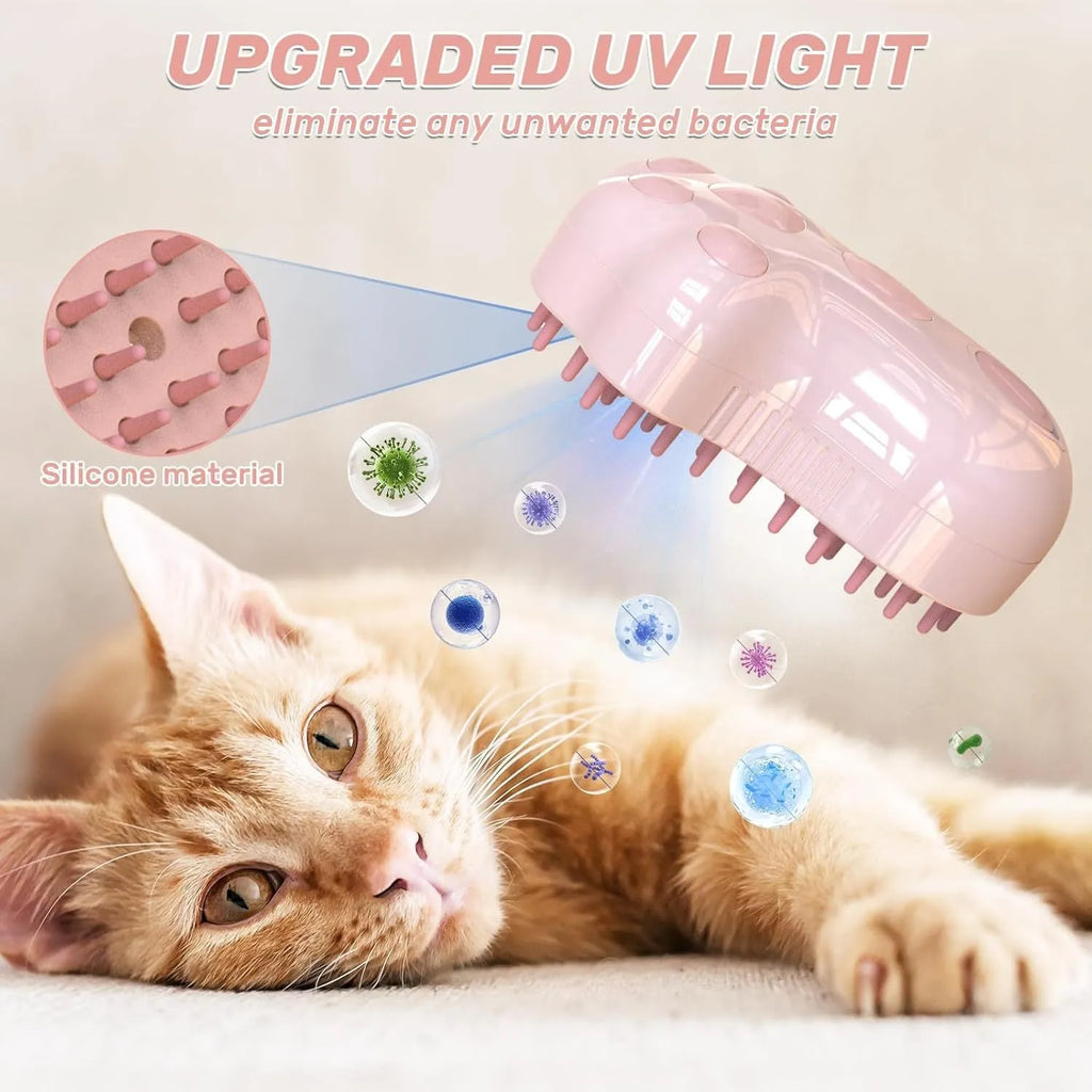 Self-cleaning cat steam brush with silicone bristles and release button in blue, green, or pink colours