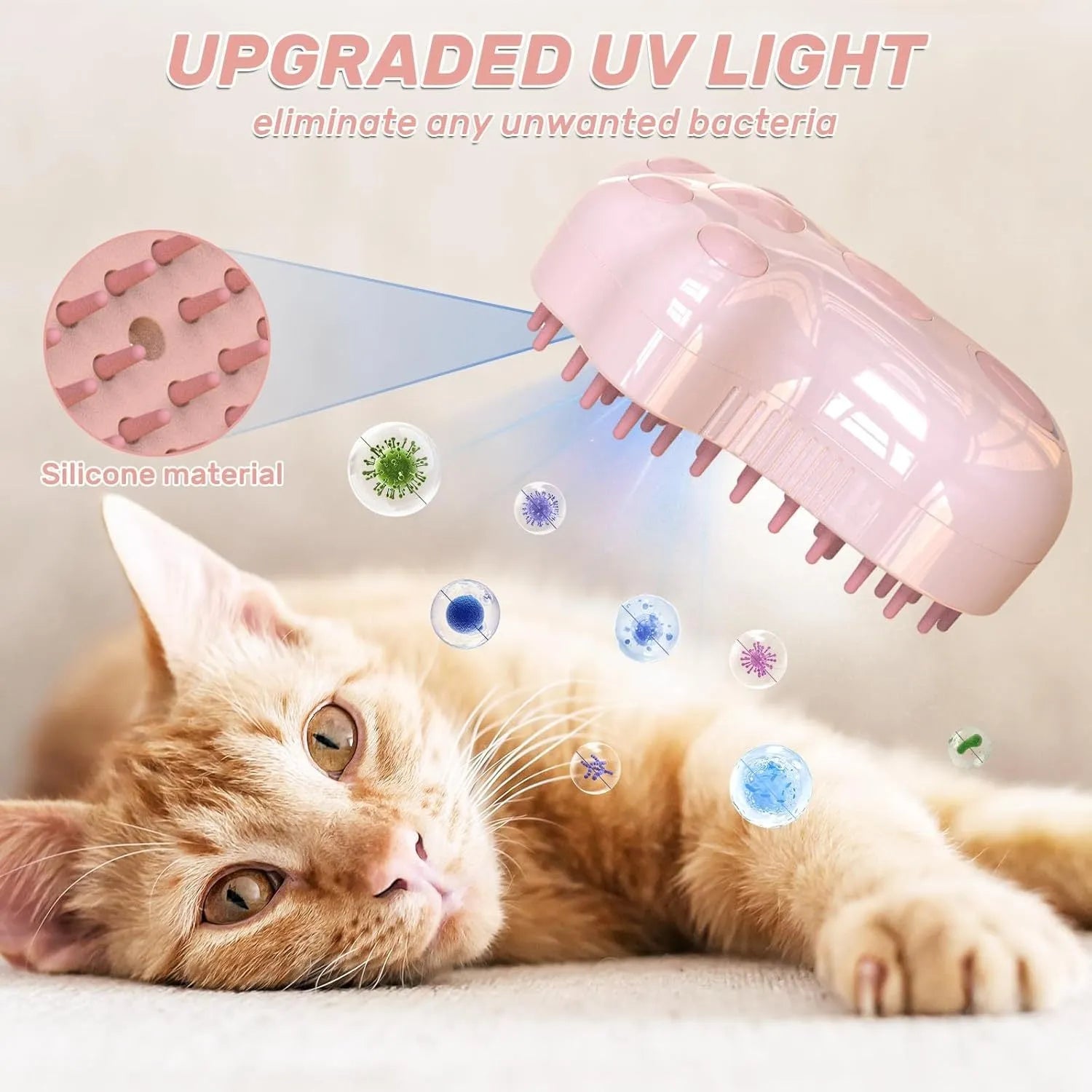 Self-cleaning cat steam brush with silicone bristles and release button in blue, green, or pink colours