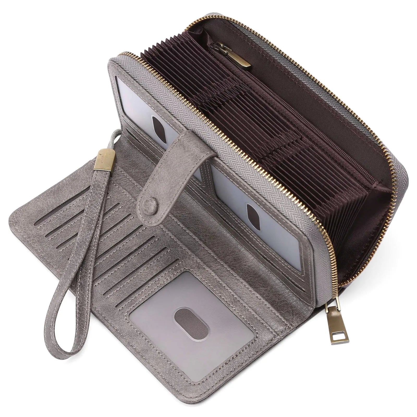 Expanding card holder women long wallet passport bag in light brown PU leather with anti-theft feature