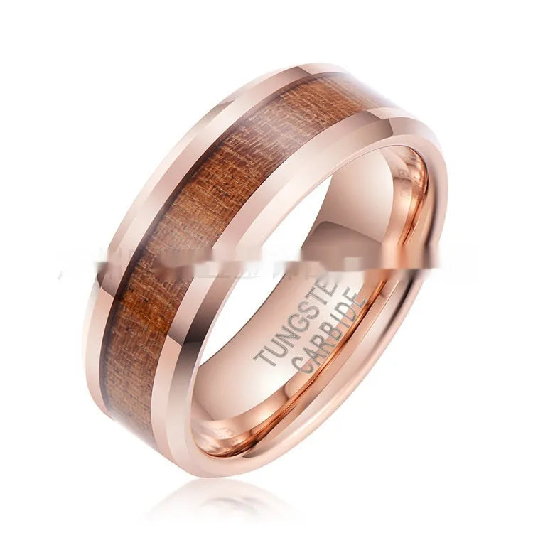 Men's tungsten ring with 8mm wide U-shaped band in wood leather Ugyen finish.