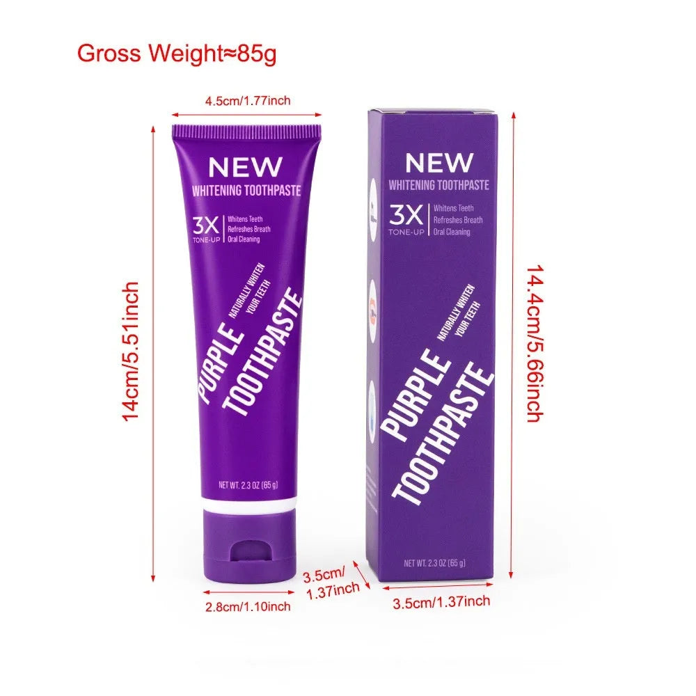 Purple whitening toothpaste tube for adults in 120g and 65g sizes to remove yellow stains