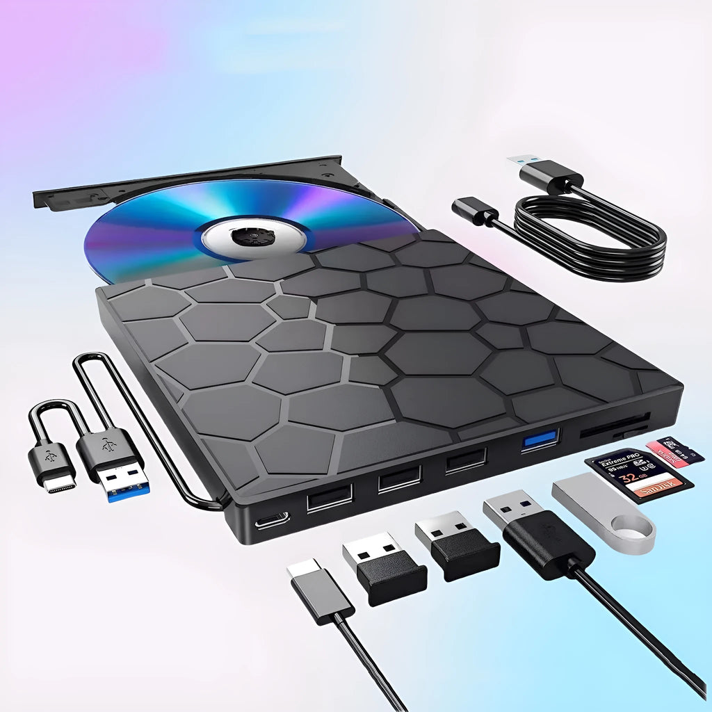 Black external USB CD DVD drive with compact dimensions for laptop and desktop computers