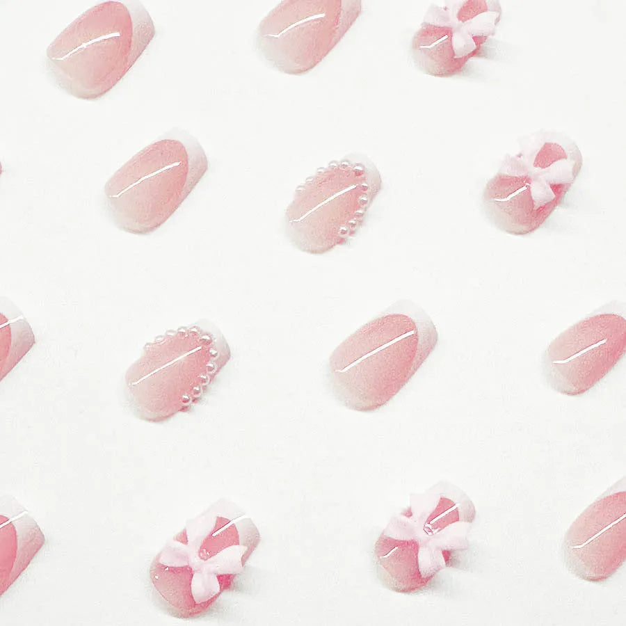 False nail tips French manicure set with tulip bow starry sky designs in short European square shape