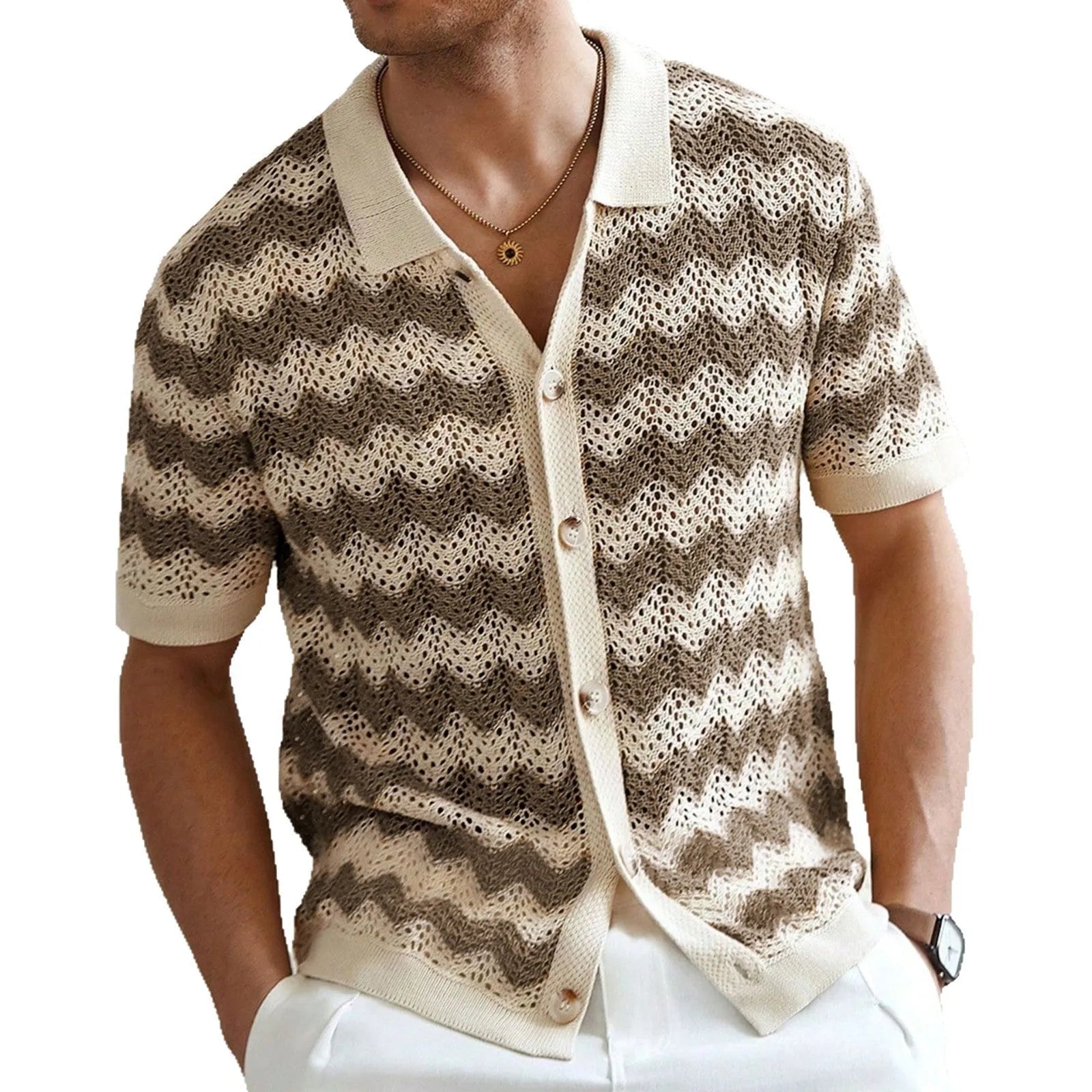 Yellow short sleeve sweater with hollow jacquard corrugated texture and flocking detailing on a hanger.