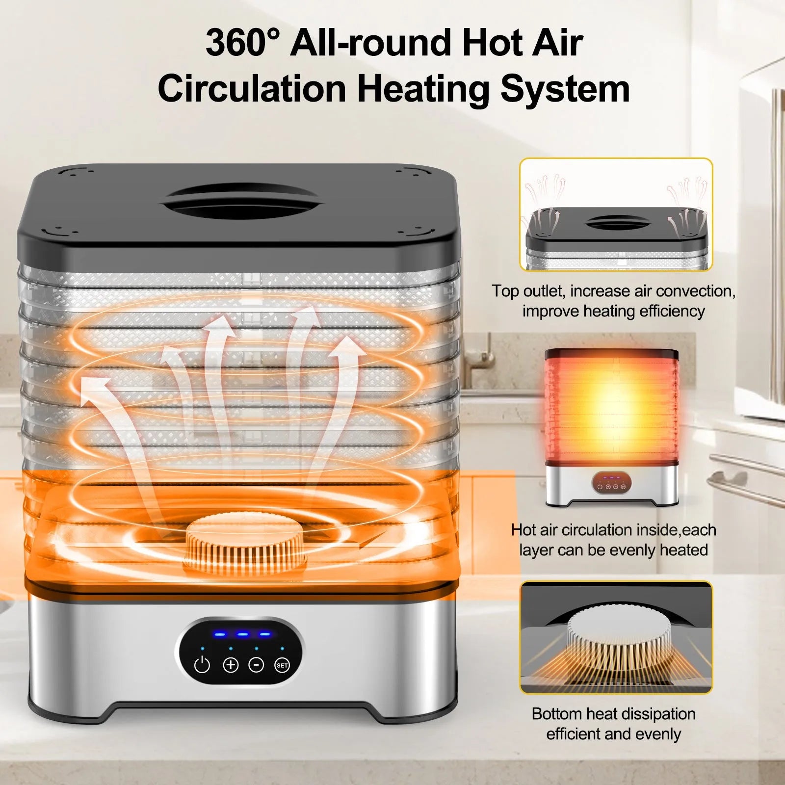 Silver or red household food dehydrator with eight drying trays showing compact storage dimensions