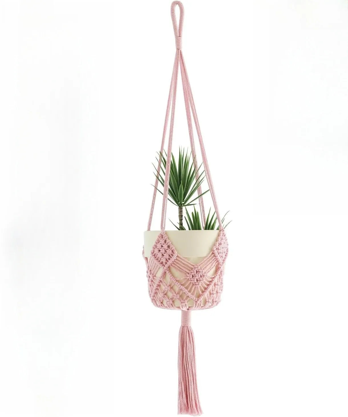 Hand-woven brown polyester cotton net pocket extension cord on a grey flower pot.