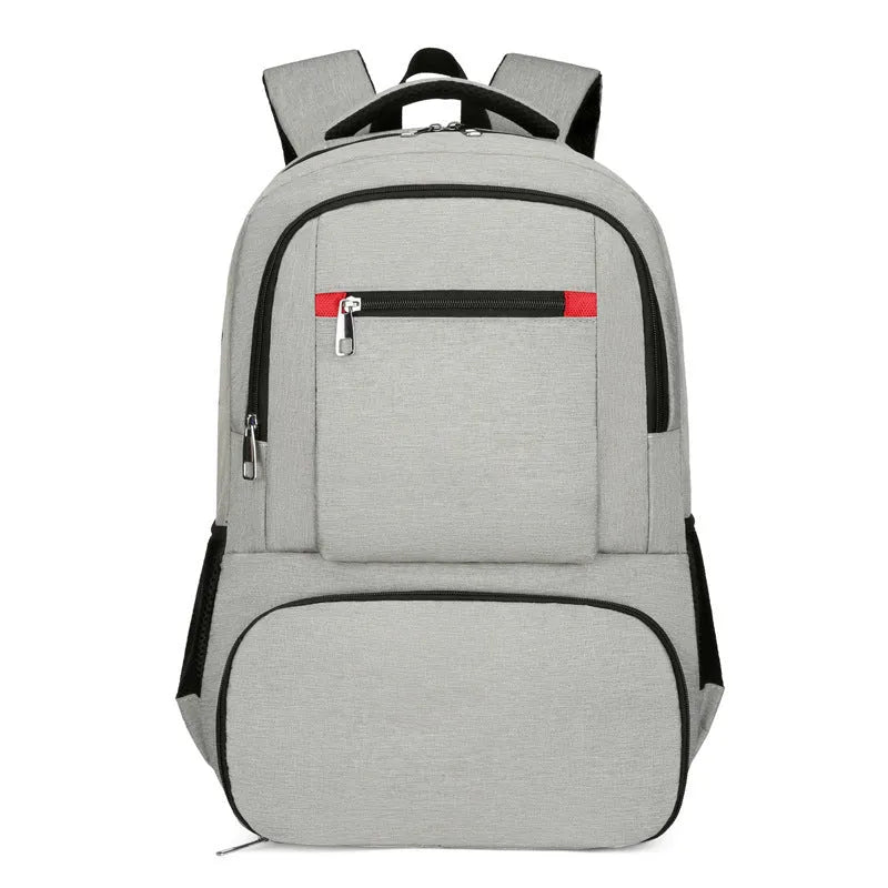Light grey Oxford cloth picnic backpack with curved shoulder straps showing insulated compartments