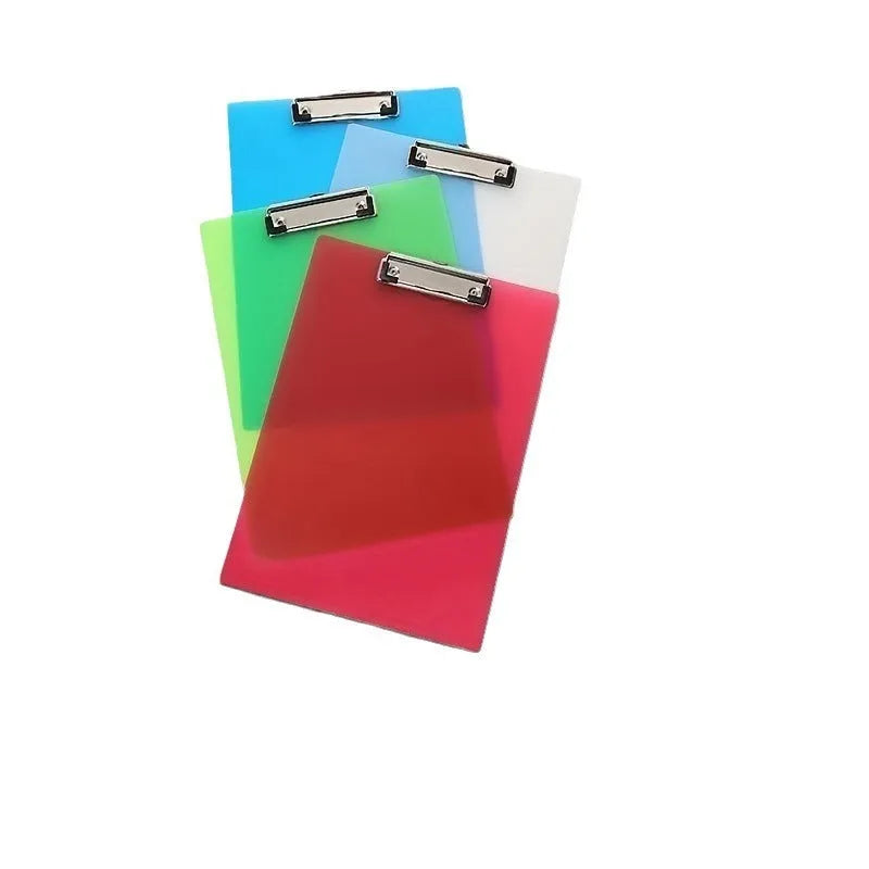 Transparent A4 plate writing board pad with a silver metal flat clip, shown in a blue colour option.
