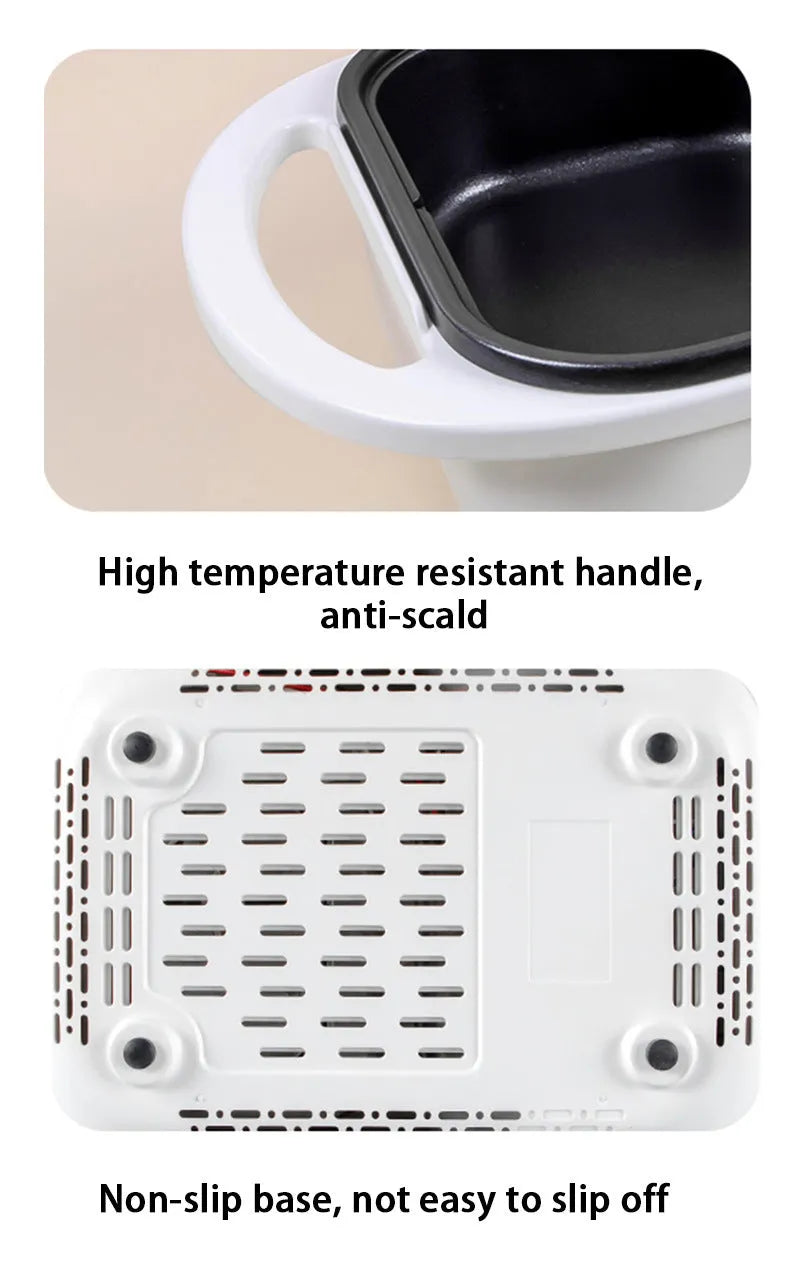 White or green electric hot pot appliance with dual caldron and frying oven functions for 2-3 people