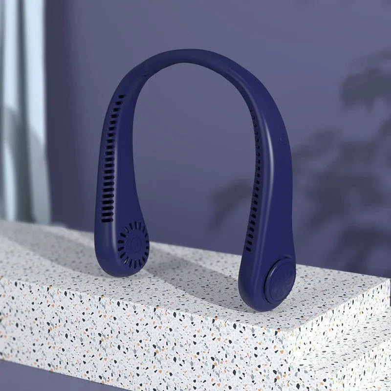 White USB rechargeable bladeless neck fan being worn, showing adjustable speed buttons.