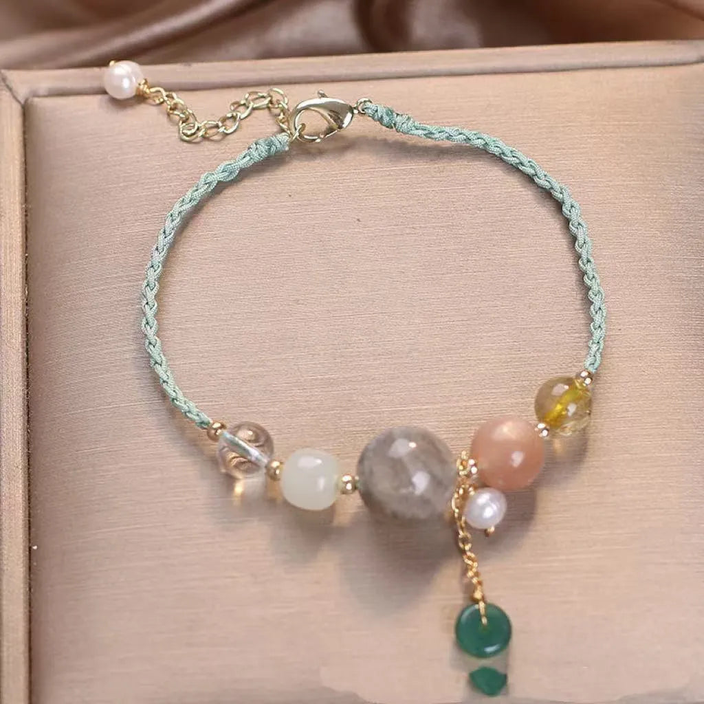 Hand-woven peace buckle bracelet with crystal beads and sequins in red, green, or blue colour options