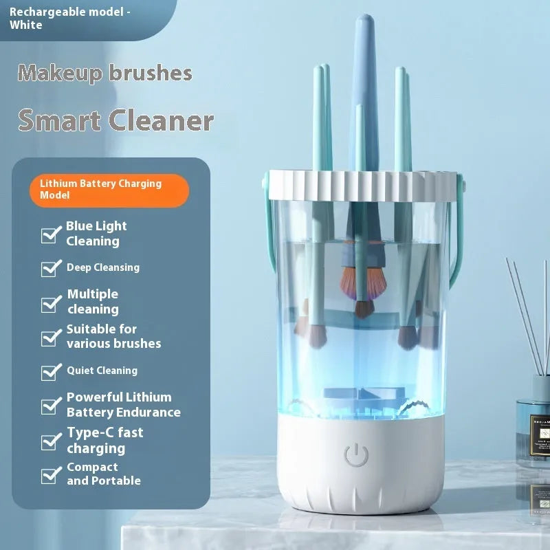 White rechargeable electric makeup brush cleaner with USB charging cable