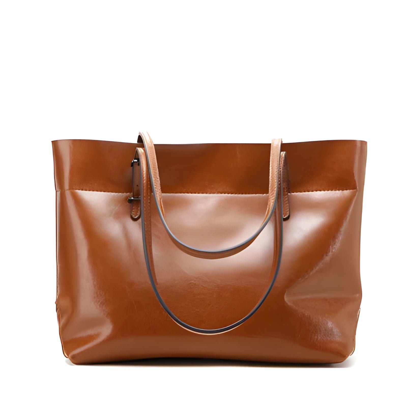 Waxed cowhide leather handbag showing horizontal cross-section opening and internal compartments