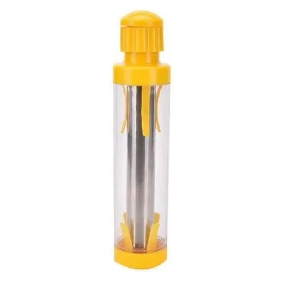 Yellow corn stripper tool with cylindrical design measuring 27cm high with stainless steel components