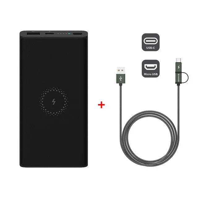 Black and white 10000mAh power bank with USB Type-C port and wireless charging capability