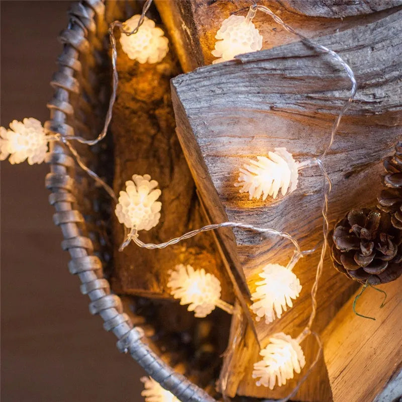 Battery-powered LED light string with plastic pine cone shells, shown in warm white and colour options.