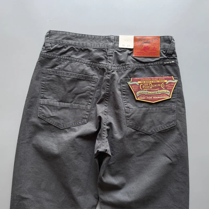 Men's straight cut cotton casual trousers in grey colour showing mid waist and straight leg design