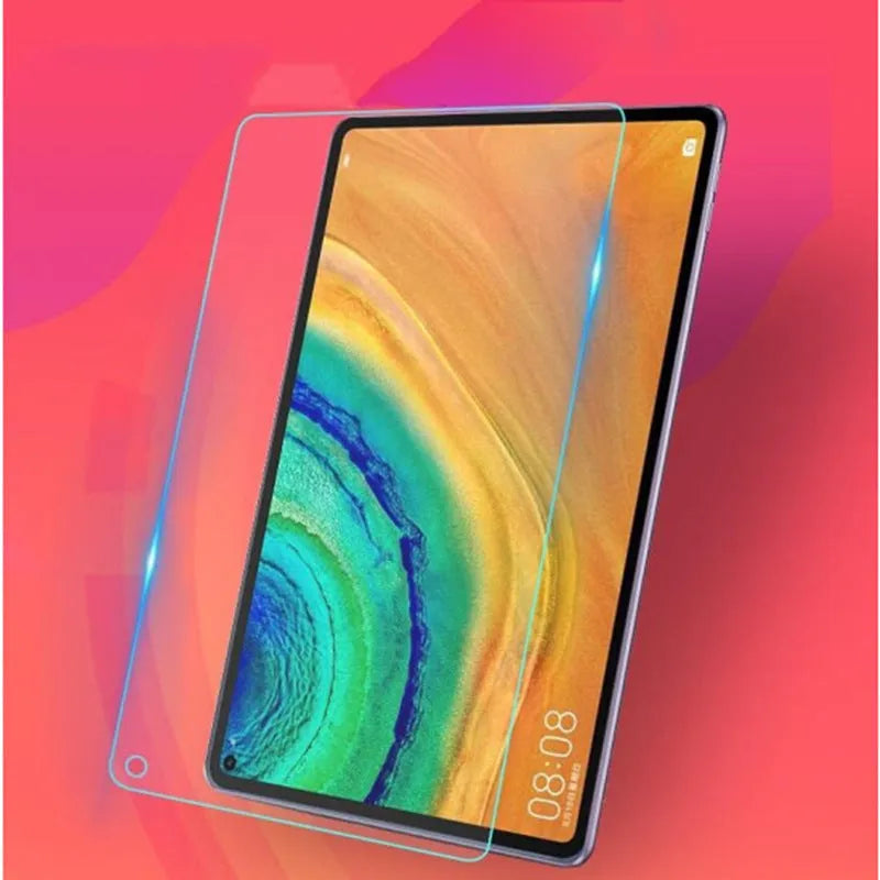 Huawei MatePad tablet with tempered glass screen protector showing clear transparent fit