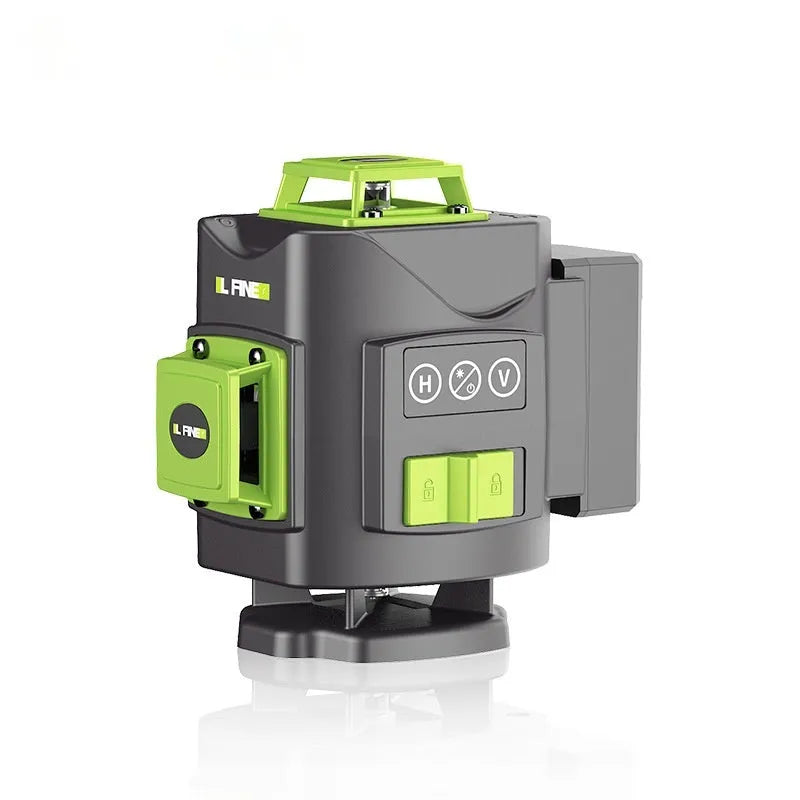 Green laser level unit projecting 16 visible laser lines on a wall for alignment.