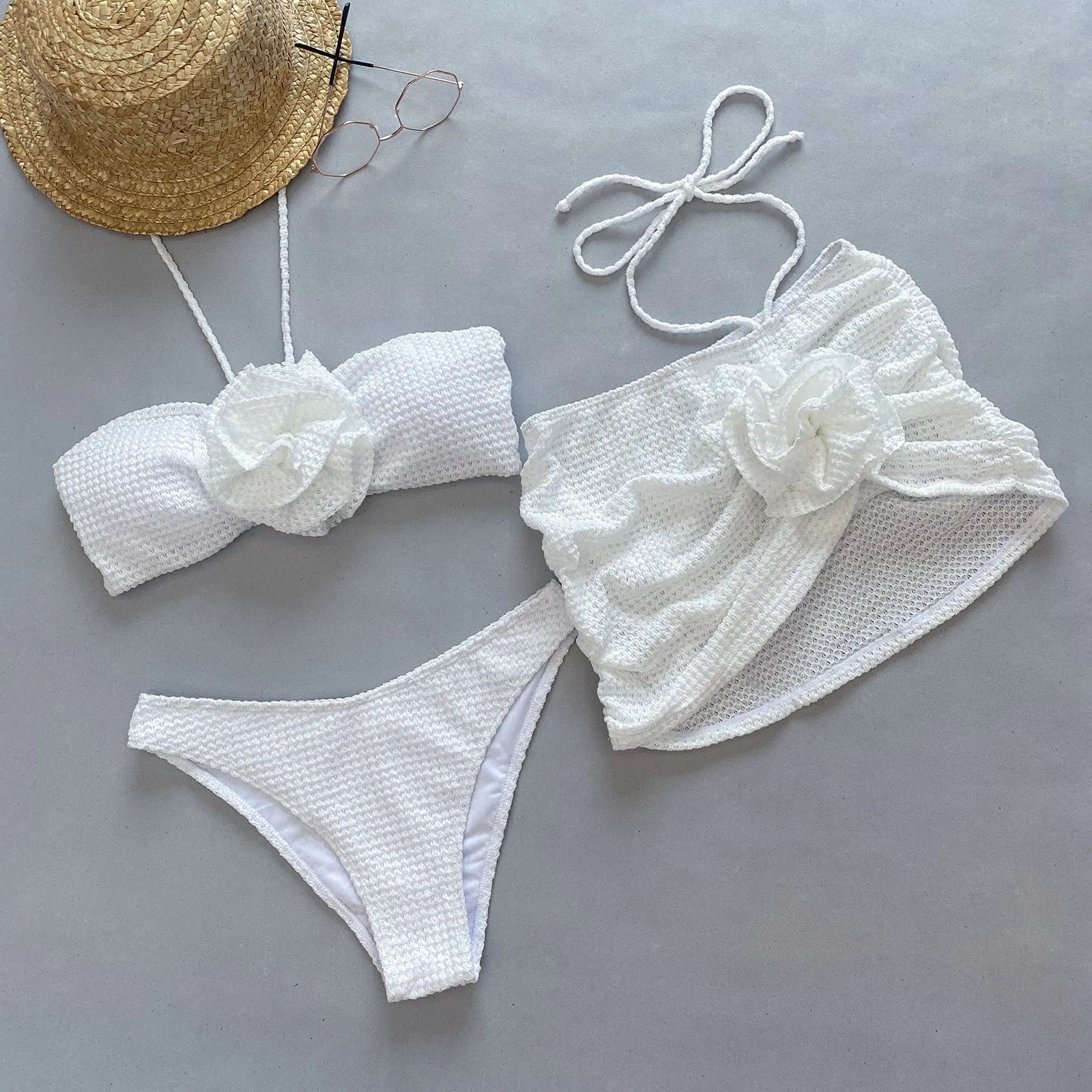 Women's white or purple 3D flower split three-piece bikini set for swimming
