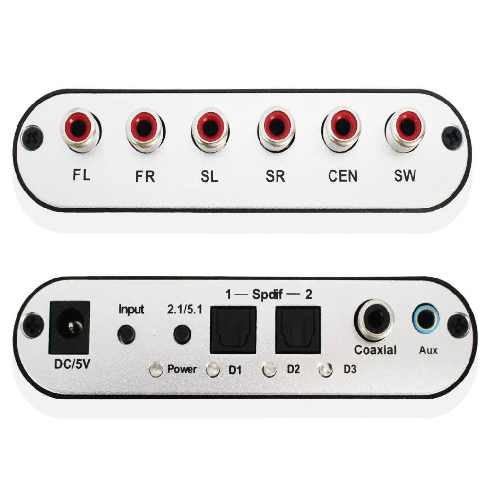Black DTS Dolby AC-3 digital audio decoder with optical, coaxial, and stereo inputs and 5.1 channel analogue outputs.