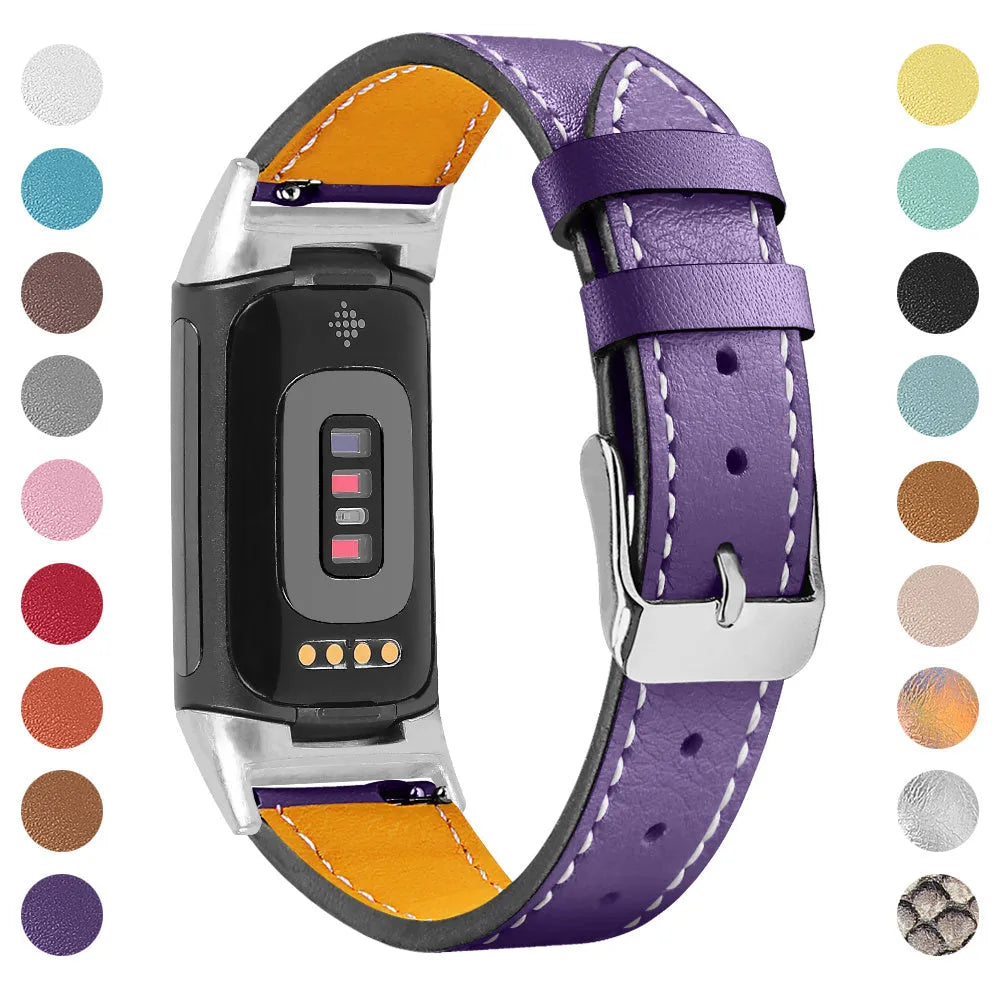 Genuine cowhide leather replacement strap with buckle clasp for Fitbit Charge 5 and Charge 6 smartwatches.