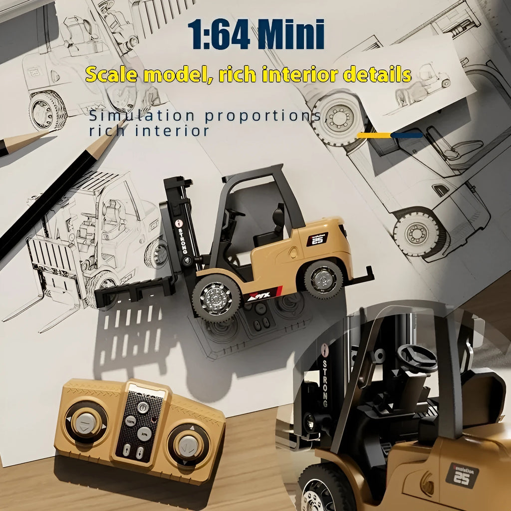 A detailed grey alloy remote control forklift toy with a black cargo hook and pallet on a white background.