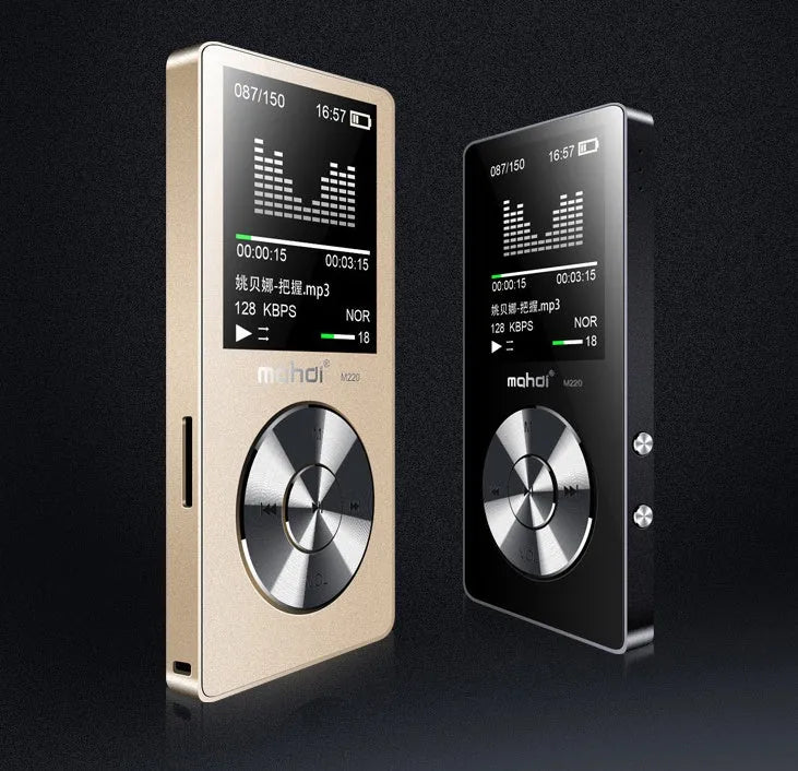 Portable MP3 music player in metal casing with 1.8-inch screen showing multi-language interface and audio format support