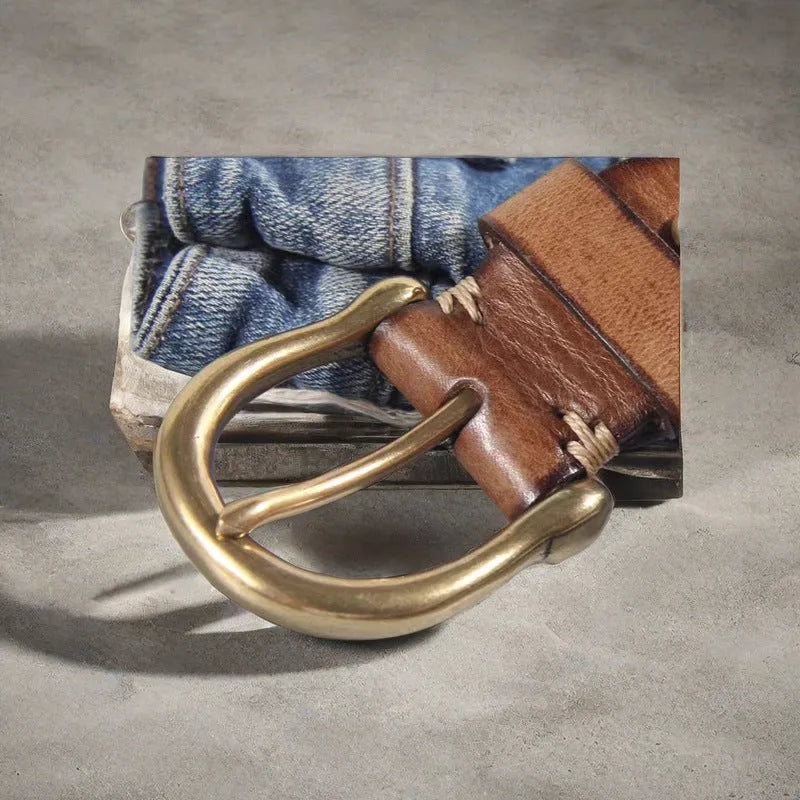 Men's black casual leather belt with copper pin buckle on a white background